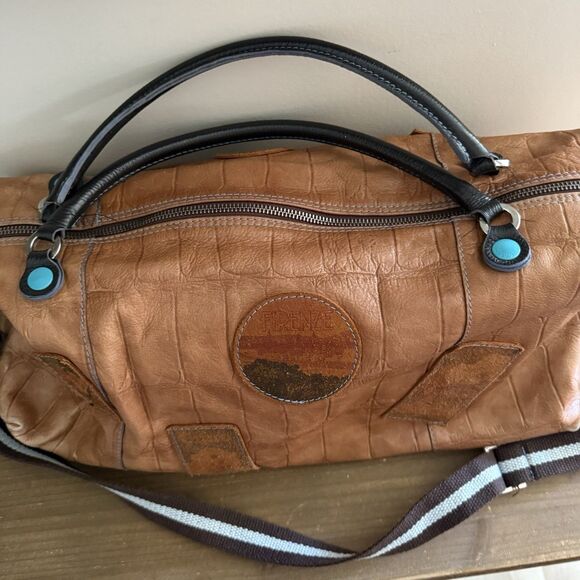 Gabs Italy Burnt Orange Textured Leather Satchel World Travel Stamp Brown Bag - Picture 4 of 8
